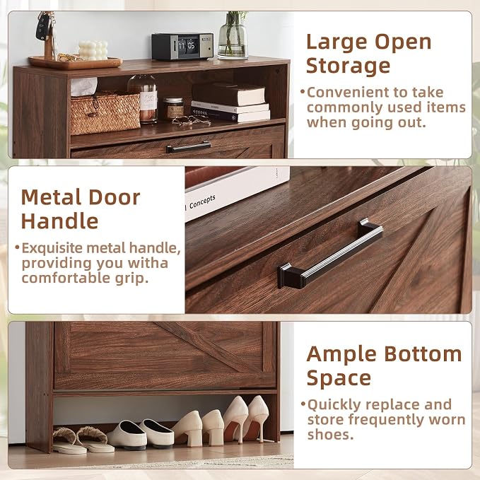RWYHG Shoe Cabinet Storage for Entryway with 2 Flip Drawers | Open Storage Layer Rack Narrow Organizer Slim Hidden Wood Shoe Cabinet Furniture