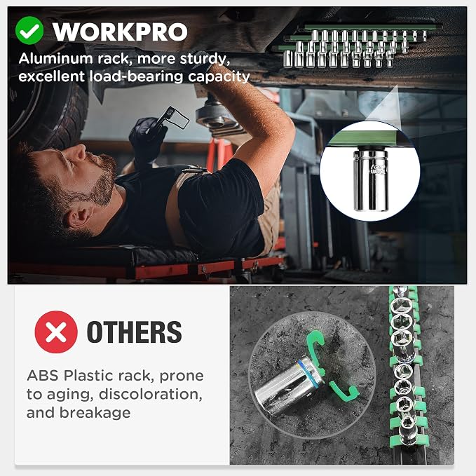 WORKPRO Magnetic Socket Organizer, Heavy Duty 3/8-Inch Drive Socket Rail | 1 Piece Socket Holder with 10 Spots, Aluminum Alloy, Rotatable & Movable Clips, Efficient Organization