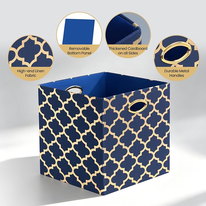 Posprica 11x11x11 Storage Cube Bins, Collapsible Storage Bins Fabric Storage Cubes Organizer Baskets Box Drawers for Shelves, Closet, Wardrobe, Bookshelf, Cabinet Blue/Gold Lantern, 4 Pack