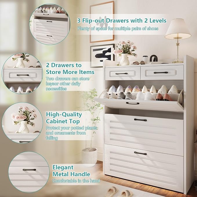 ODUWA Shoe Cabinet with 3 Flip Drawers and 2 Storage Drawers, Shoes Organizer Cabinets with Adjustable Divider, Hidden Shoe Storage Cabinet for Entryway, Hallway, Living Room, White