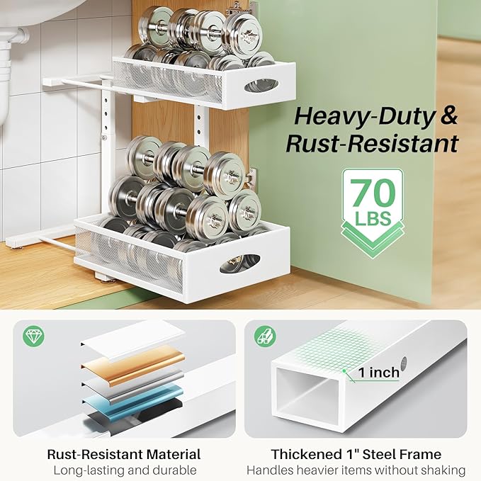 Under Sink Organizer, 2-Pack Pull Out Cabinet Organizer 2 Tier Metal Slide Out Storage Shelf Rack, L-Shaped Adjustable Height,Mesh Sliding Drawer for Kitchen, Bathroom, Laundry, Pantry, White, XL