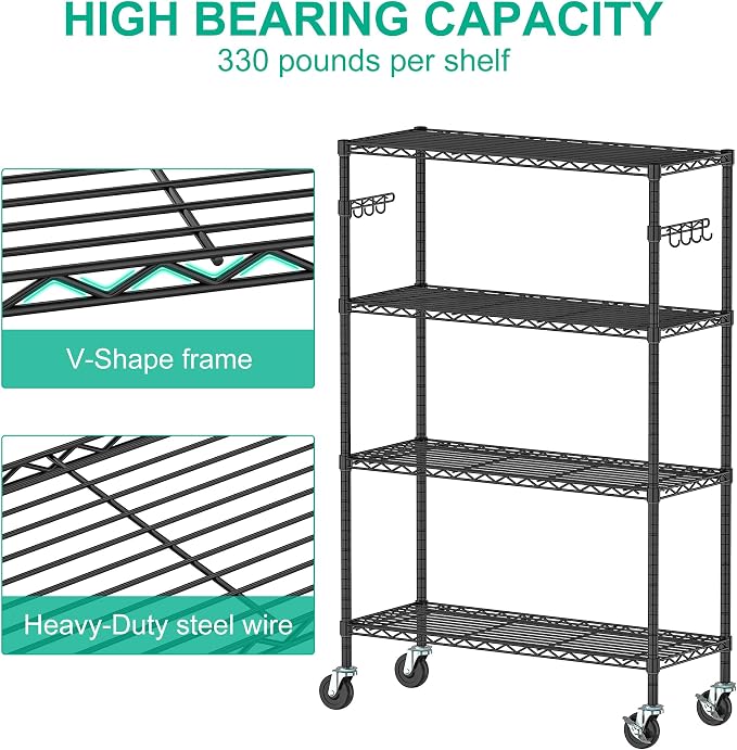 Folews 4-Tier Shelving Unit with Wheels, Metal Rolling Storage Shelves | NSF Certified, Adjustable Layer, Steel Wire Shelving Rack for Kitchen Garage Pantry Home Office, Black (14D x 36W x 57H)