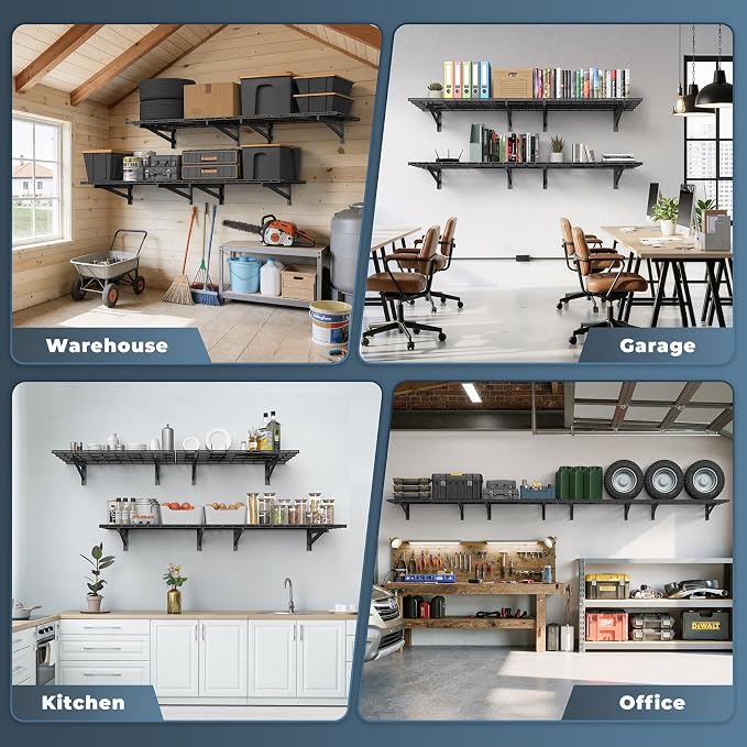Jusgym 4 Pack Wall Mounted Garage Shelving, 2x3ft, 1400lbs Integrated Grid | Wall Mounted Floating Design, 24"x72" Storage Rack, No Splice Seamless Structure, Rustproof Black Coating for Garage Workshop