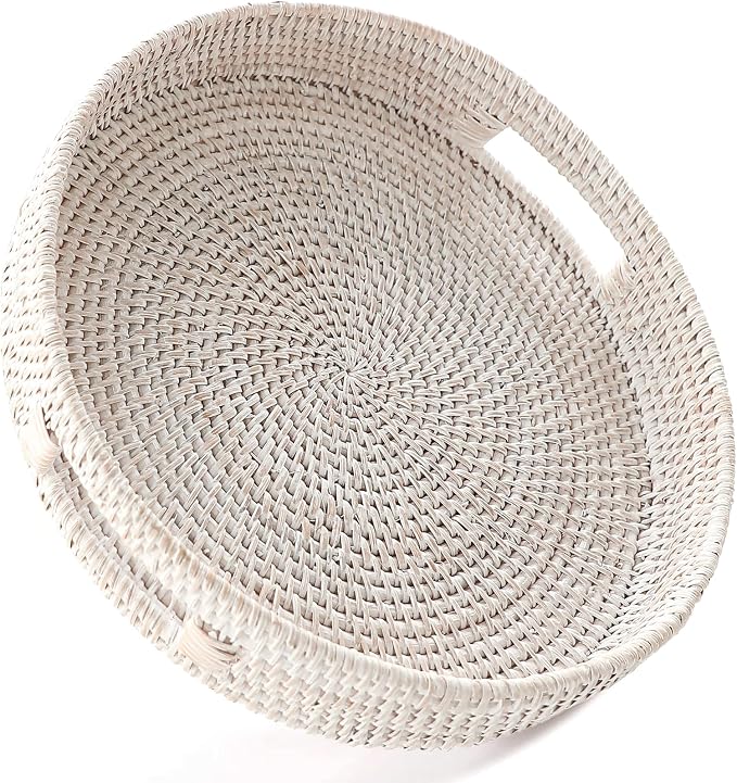 HITOMEN 11.8" Hand-Woven Round Rattan Serving Tray Decorative Wicker Trays with Handles for Coffee Table (Whitewash-M)