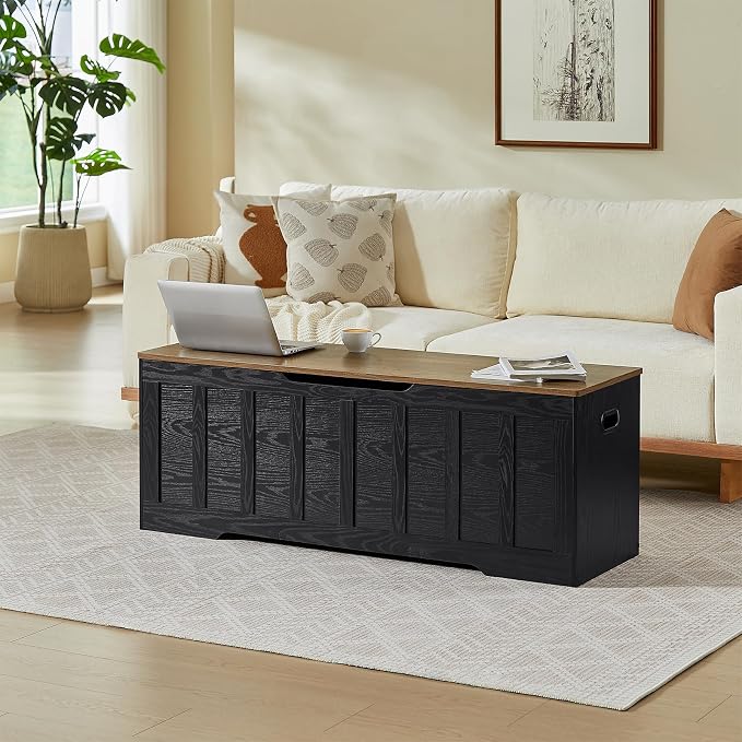 VANKILEY 51.2" Storage Chest Extra Large,Wooden Storage Bench,Black+Brown | Chest with 2 Safety Hinges, 51.2*15.7*19.1inches, Wooden Trunk for Bedroom, Livingroom,Entryway,Easy Assembly.