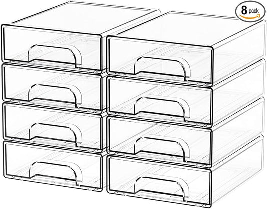 8 Pack Small Clear Stackable Storage Drawers,2.2'' Tall Desk Organization and Storage,Plastic Office Supply Organizer,Acrylic Storage Containers for Makeup,Hair Clip,Accessory,Pen,Art Crafts