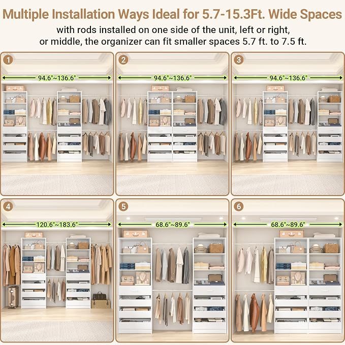 Aheaplus Closet System, 6-15Ft Closet Organizer with 8 Wooden Drawers, Wood Closet Organizer System with Tower, Walk-in Closet Organizer Wardrobe Clothes Rack with 4 Hanging Rods, Garment Rack, White