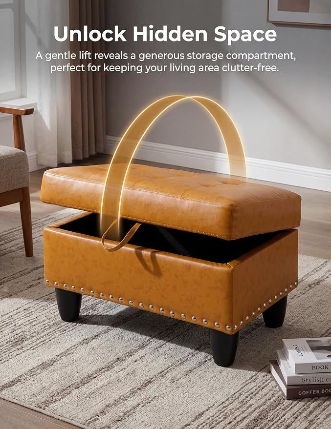 Ottoman with Storage, 28.5 inch Faux Leather Storage Ottoman with Padded Seat, Large Entryway Bench with Solid Wood Frame, Upholstered Sturdy Foot Rest for Living Room, Bedroom, Entryway