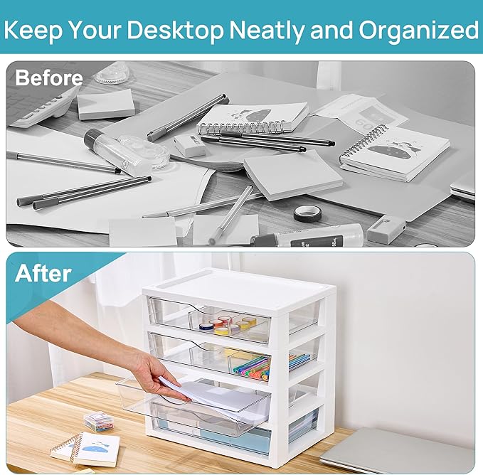 Vtopmart Clear Desktop Organizer, 4-Tier Drawer Storage with Dividers