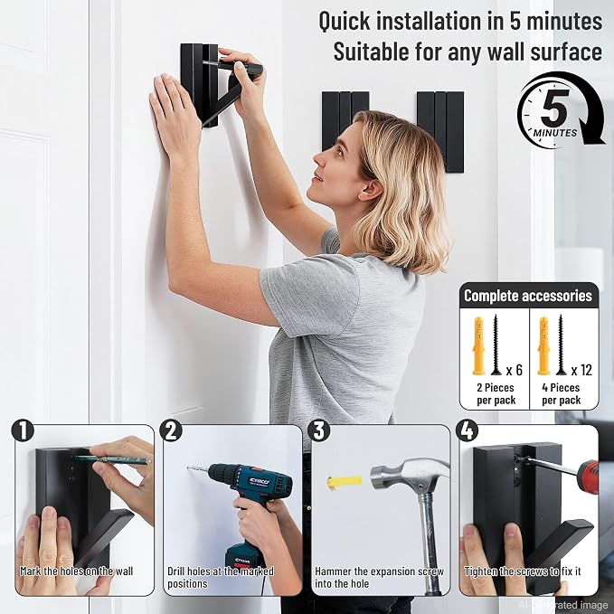 Wood Wall Hooks for Entryway: 4Pack Folding Black Modern Coat Hooks | Heavy Duty Hanger for Hanging Towels Backpack Bags Jackets - Space Saving Minimalist Design for Aesthetic Homeowners