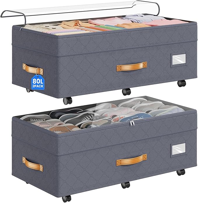 Budding Joy 80L 2 Pack Adjustable Under Bed Storage Containers with Wheels | Rolling shoe storage organizer with clear lids and label for dorm home clothes, blankets, toys, easy to install, grey