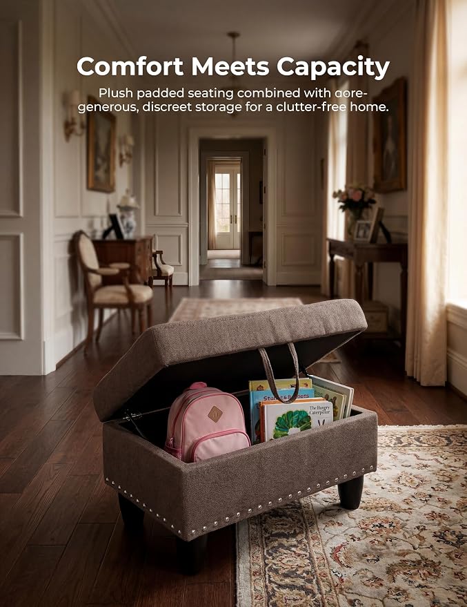 Ottoman with Storage, 28.5 inch Liner Storage Ottoman with Padded Seat, Large Entryway Bench with Solid Wood Frame, Upholstered Sturdy Foot Rest for Living Room, Bedroom, Entryway, Brown