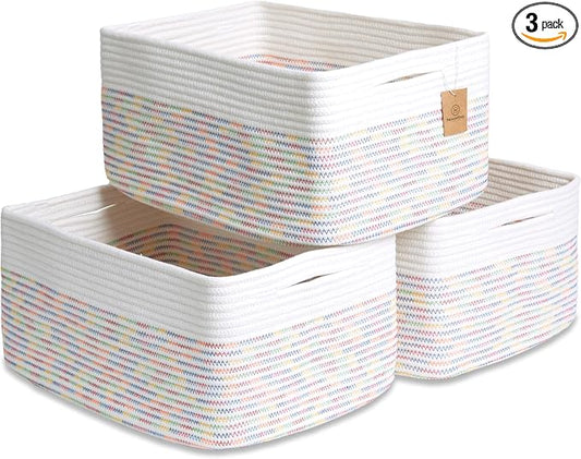 NaturalCozy Storage Baskets 16.8”x13”x7.6” Cotton Rope Woven Baskets for Organizing 3-Pack | Toy Storage Bins | Basket for Shelves, Laundry, Blanket, Clothes, Closet, Kitchen, Bathroom, Gifts