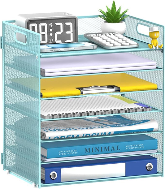 7 Tier Paper Organizer for Desk with Letter Trays & Handle Blue | Desk File Organizer with Handle for Sorting Papers, Files, Folders, Mail, Bills and Office Supplies