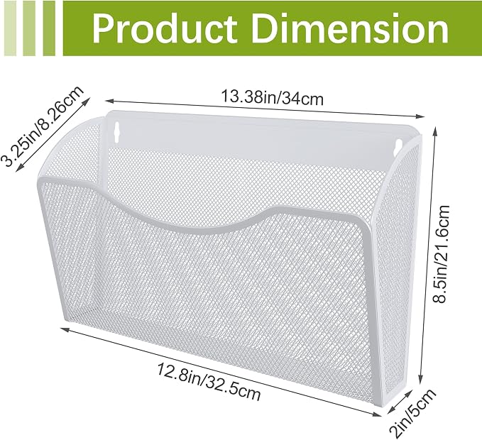 EasyPAG Wall File Organizer, Metal Mesh Hanging File Folder Holder for Letter/A4 Size Folders, Vertical Wall Mount Mail Sorter for Office Paperwork, Classroom, White