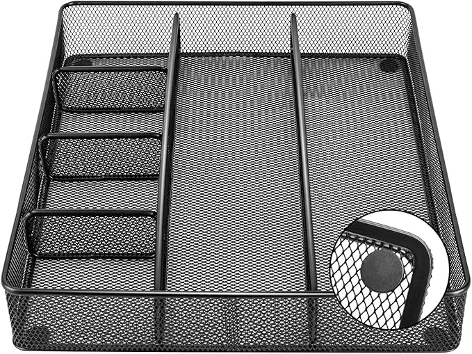 Amazon Basics Mesh Desk Drawer Organizer with 6 Compartments, Non-Slip Office Supplies Storage for Pens and Accessories, Black | Pack of 4