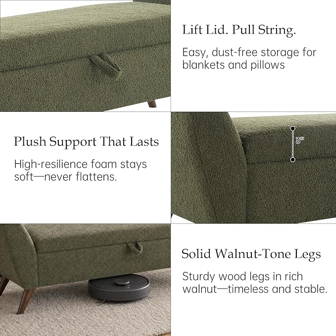 60" Storage Ottoman Bench, End of Bed Bench King Size Green | Solid Wood Legs, Large Hidden Storage, High-Resilience Foam, Teddy Fabric