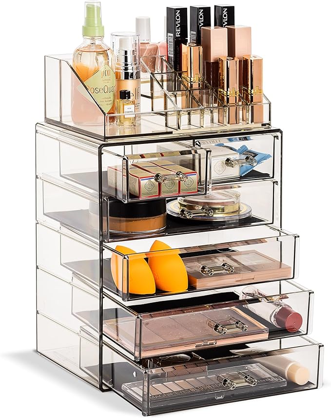 Sorbus Acrylic Makeup Organizer Set, 6-Drawer Vanity & Countertop Cosmetic Storage with Small & Wide Compartments, Black-Tint Makeup Storage for Brushes, Jewelry – Holiday Gift for Women & Teens