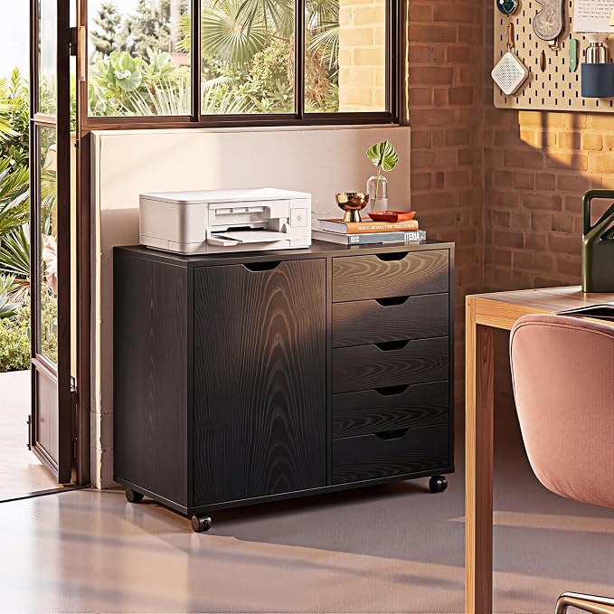 DEVAISE 5-Drawer Wood Drawer Cabinet, Office Storage Cabinet, Black | Craft Storage Cabinet, Under Desk Drawer, Rolling Cart Furniture, Adjustable Shelf & Wheels, Printer Stand, Home Office