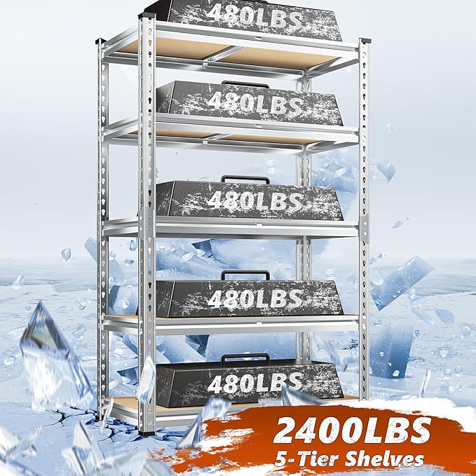 REIBII Garage Shelving, 5 Tier Storage Shelves Load 2400LBS, Adjustable Garage Shelving Heavy Duty, Metal Shelving Unit with Waterproof Columns, 35.5" W x 11.9" D x 72" H, Galvanized, 4 Pack