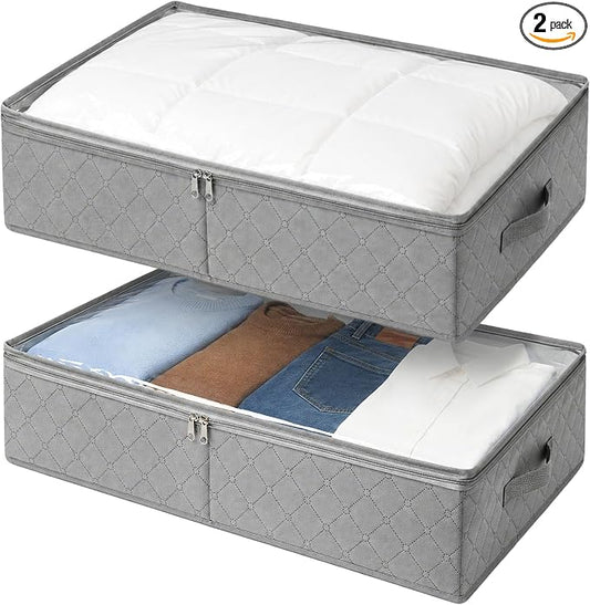 LotFancy Under Bed Storage Bags with Clear Window & Handles, 24” x 16” x 6" | Foldable Closet Organizers, Clothes Blankets Container, Space-saving Storage Bins, with Cardboard Support, Pack of 2, Gray