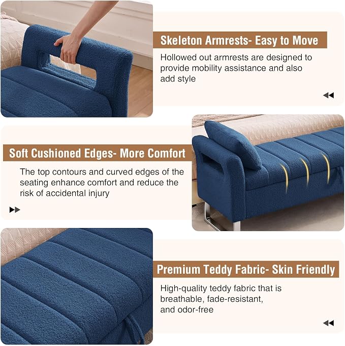 66" Storage Bench for Bedroom Upholstered End of Bed Bench King Size Blue | Long Bedroom Benches for Foot of Bed King,Teddy Storage Bed Bench with Gold Legs,2 Pillows for Entryway Windows Cloakroom