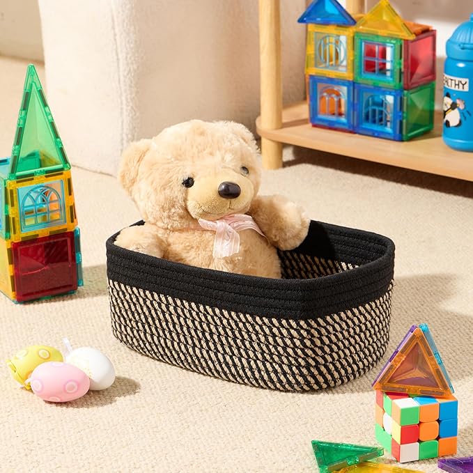 MiniArk Small Storage Baskets for Organizing | Closet Organizer Bins | Shelf Toy Basket | Woven Rope Baskets | Cube Decorative Box | Shallow Basket | 11.5x7.5x4.7” | 3 Packs Black Brown