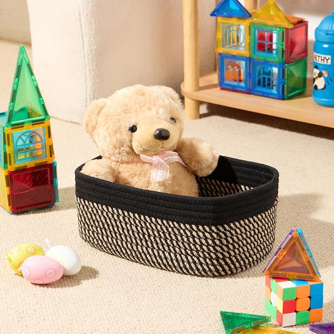 MiniArk Small Storage Baskets for Organizing | Closet Organizer Bins | Shelf Toy Basket | Woven Rope Baskets | Cube Decorative Box | Shallow Basket | 11.5x7.5x4.7” | 4 Packs Black Brown