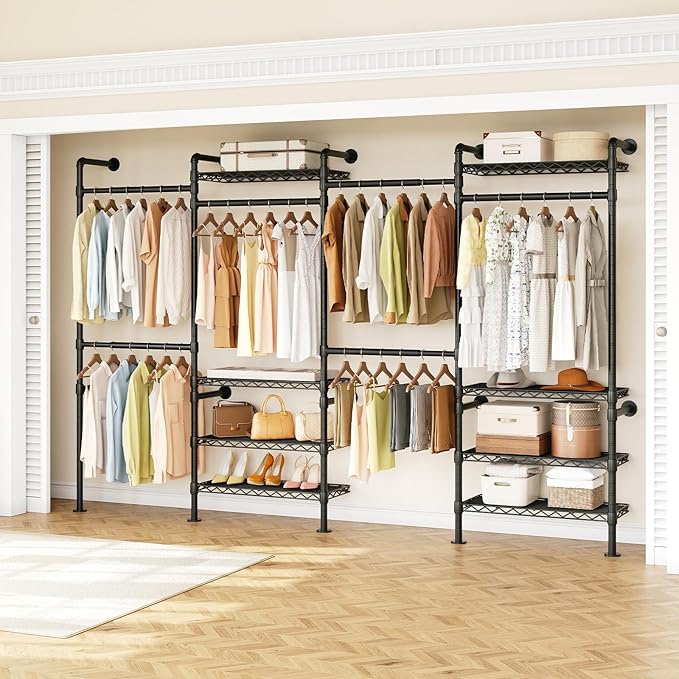 ONBRILL H4 Wall Mounted Closet System, Expandable Industrial Pipe Clothes Rack Clothing Rack for Hanging Clothes, Heavy Duty Closet Organizers and Storage in Wardrobe Closet