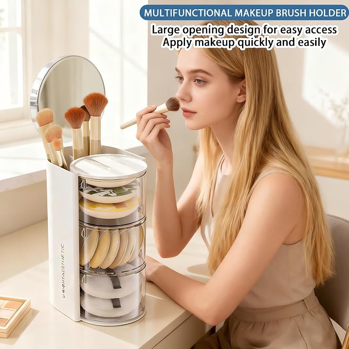 Azurphoric Hair Accessories Organizer with Hair Brush Holder(White,3-Layer) | Rotatable Makeup Brush Holder for Necklaces, Earring, Bracelet, Ring, Makeup Brushes, Hair Clip and Hair Accessories