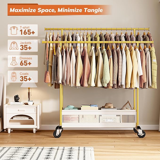 Clothes Rack 210 LBS Double Rods Extra Storage Basket | Rustproof Coated Steel, Anti-bending Design, 360° Sturdy Wheels, 10-Min Tool-Free Assembly, Metal Garment Rack for Home