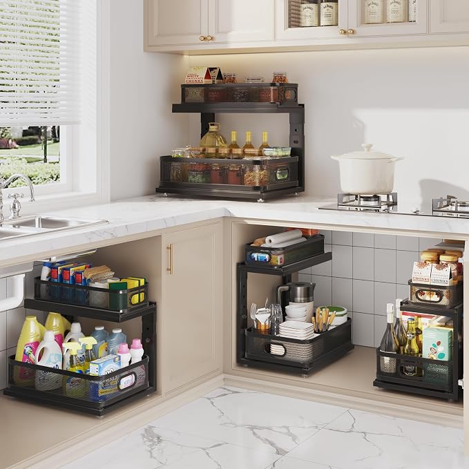 2 Pack Under Sink Organizer With Next-Gen Ball-Bearing Slides,2-Tier Precision Mesh Pull Out Cabinet Shelf Storage for Bathroom&Kitchen,Slide Out Drawers Height Adjustable,Rust-resistant