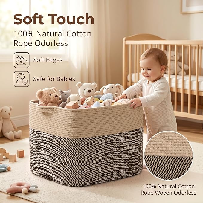 OIASKET 108L Cotton Rope Storage Basket for Living Room and Bedroom 25"x16"x16" Woven Laundry Basket, Heavy Duty Bin for Blankets, Pillows & Toys, Pet-Safe & Scratch-Free, Brown and Black