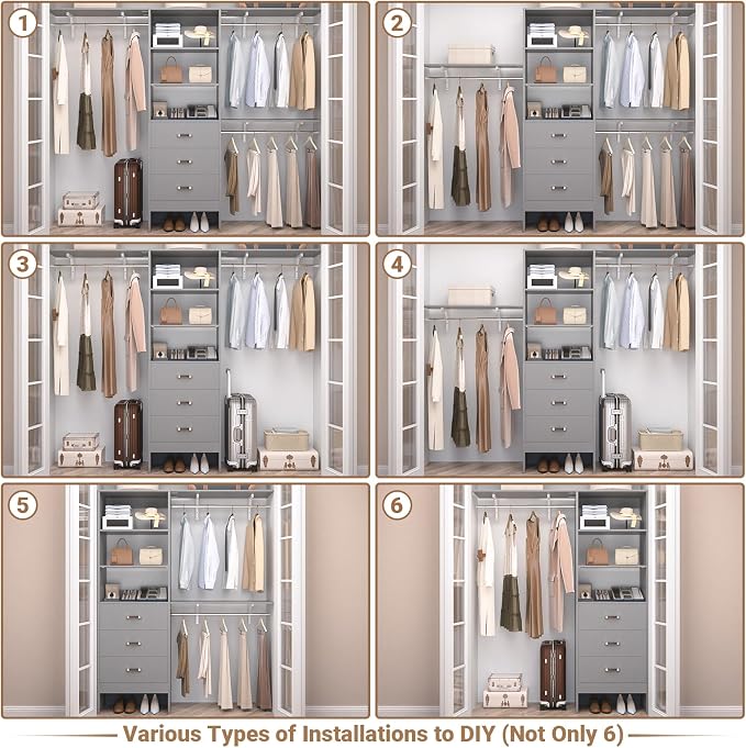 Besiost Closet System with Drawer - 8FT Wood Closet Organizer System with 3 Hanging Rods and Shelving Tower, 96" Walk In Closet Organizer Wardrobe, Heavy Duty Garment Rack Clothes Rack, Grey