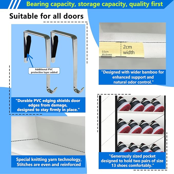 Over the Door Shoe Organizer, 20 to 30 Pairs Hanging Shoe Holder, Heavy Duty Extra Deep Pockets Shoe Storage for Closet, Anti-Scratch Hooks & FSC-Certified Bamboo - White