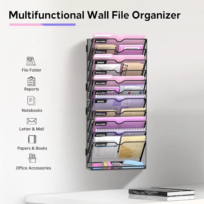 12-Tier Wall File Organizer with Base, Wall Mounted File Holder | Vertical Hanging File Organizer with Open Compartments and Label Holders for Mail, Folders and Paperwork at Home or Work
