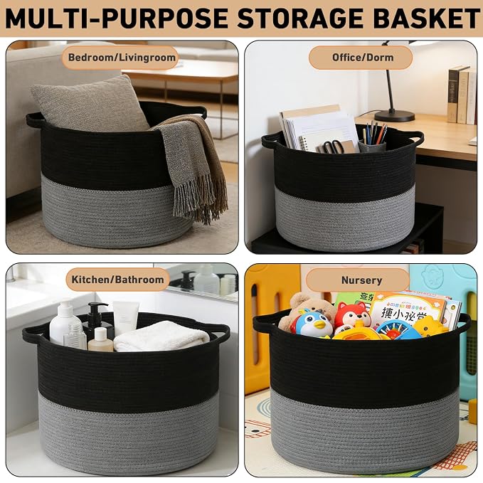 115L Large Blanket Basket,Woven Rope Laundry Basket-Black&Dark Grey | Collapsible, reinforced handles, nursery storage bin organizes clothes, toys and pillows for living room, bedroom bathroom