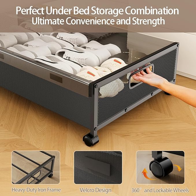 KITHELP Under Bed Storage Containers with Wheels, Underbed Shoe Storage Organizer with Removable Lids, Large Rolling Under Bed Storage Dresser Drawers for Clothes Toys Shoes Blankets