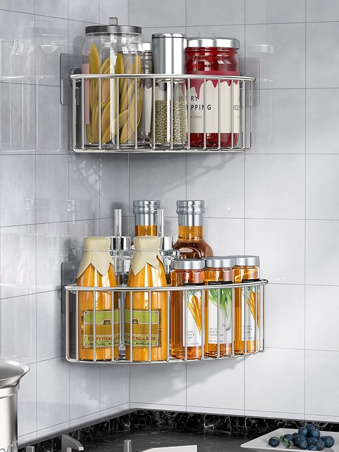 SMARTAKE 2-Pack Corner Shower Caddy Deep Basket, SUS304 Stainless Steel | Wall Mounted Bathroom Shelf with Adhesive, Storage Organizer for Toilet, Dorm and Kitchen , Silver