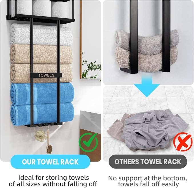 STWWO Bathroom Towel Storage Rack, 31” Towel Organizer with Storage Basket | Metal Bathroom Towel Holder with Shelf, Towel Rack with 3 Hooks for RV, Apt, Small Bathroom, Holds 5 Large Towels, Black
