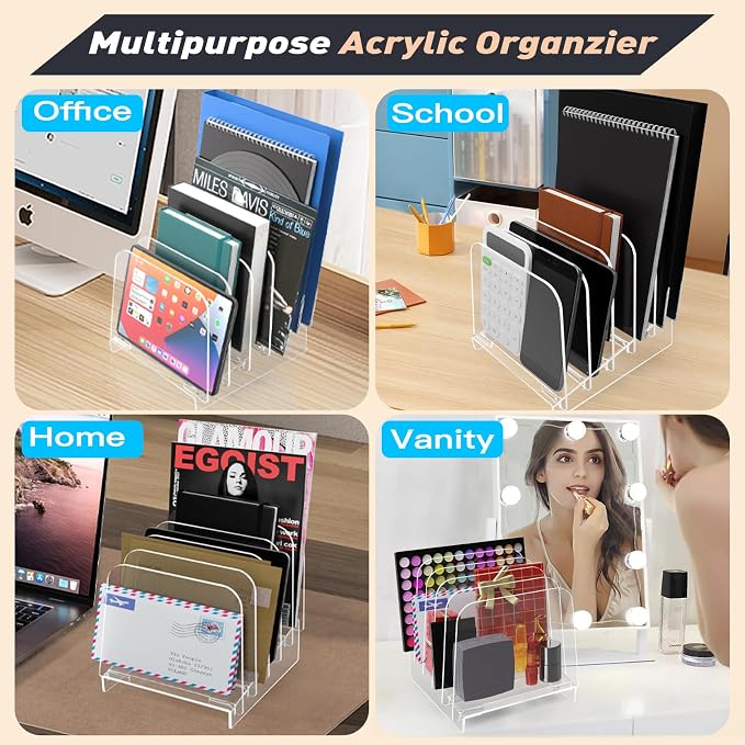 File Holder File Sorter, Vertical File Organizer for Desk, Desk Top File Folder Organizer Stand, Acrylic File Rack File Folder Holder, 5 Sections Clear File Stand for Office, School, Home