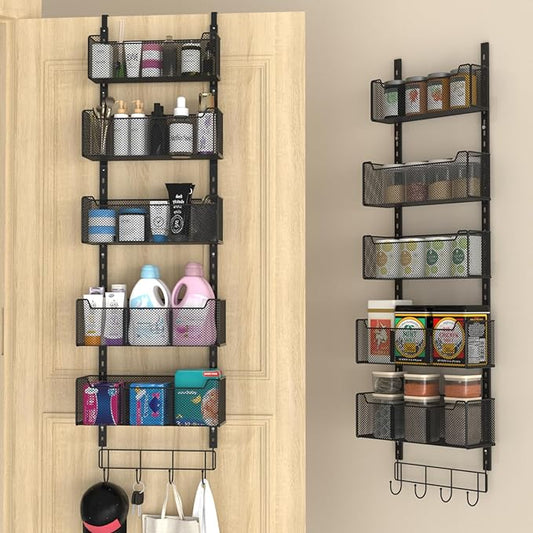 VyGrow Over The Door Organizer, Metal Door Organizer Hanging with 5 Adjustable Baskets and Coat Hook, Behind The Door Storage for Bedroom Closet Bathroom Pantry Cabinet Kitchen, Black