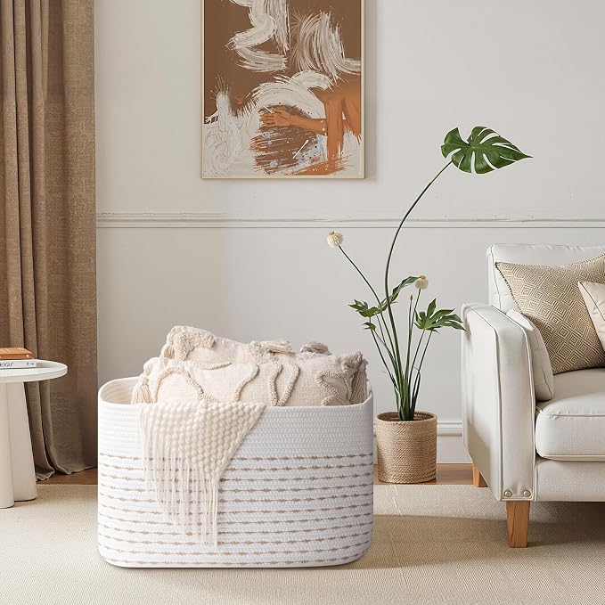 OIAHOMY 75L Blanket Basket, Woven Cotton Rope Basket for Organizing 22”x17”x12”, Used for Living Room, Bedroom, Nursery, Light Yellow & White