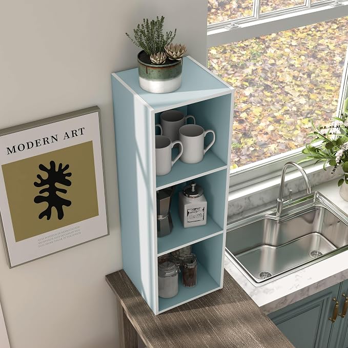 Homes: Inside + Out Apexa 3-Cube Storage Organizer Shelves, Stackable Wood Bookcase Fits Cubby Bins for Organization, Dorm Teen Room Decor & Home Office, Light Blue