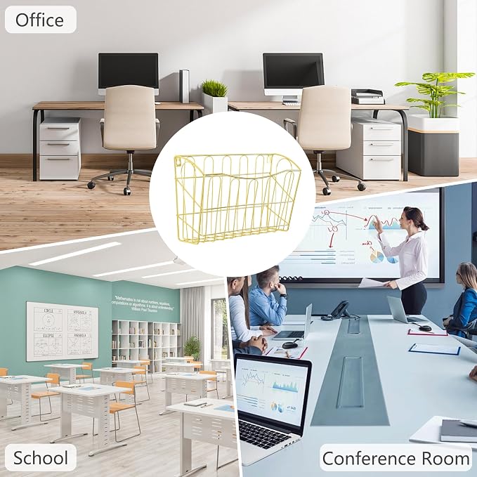 TQVAI Hanging Wall File Organizer 3 Pack, Gold Metal Wall Mounted File Holder, No Assembly Required, Curved Pocket Paper Document Rack for Office Home School Magazine Mail Storage