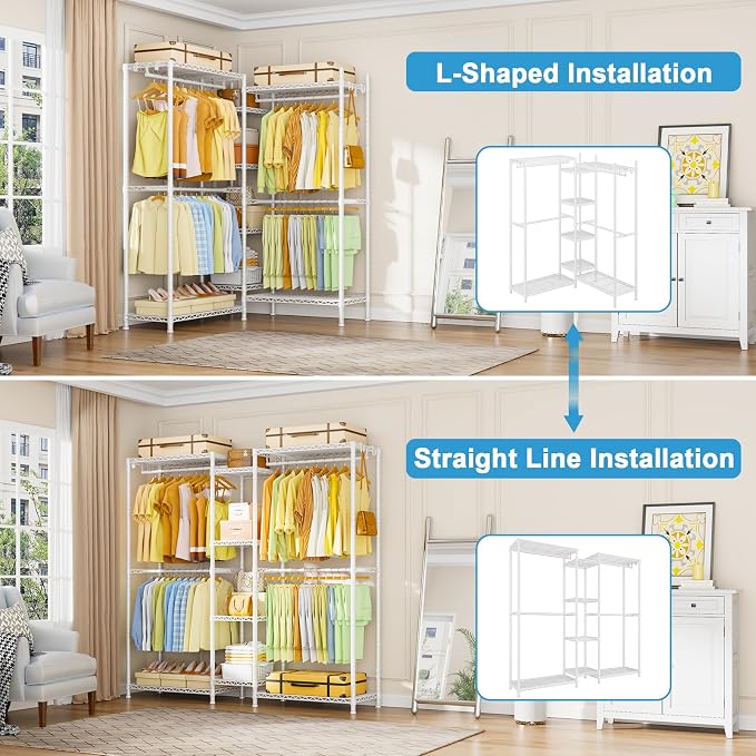 Ulif E4 Clothes Rack, Heavy-Duty Garment Rack, Metal Freestanding Clothing Organization Storage System Can Be L-shaped with Shelves and Hangers, Max Load 962lbs, 71.6" W x 14.5" D x 79.3" H, White | Metal Freestanding Clothing Organization Storage Syst...