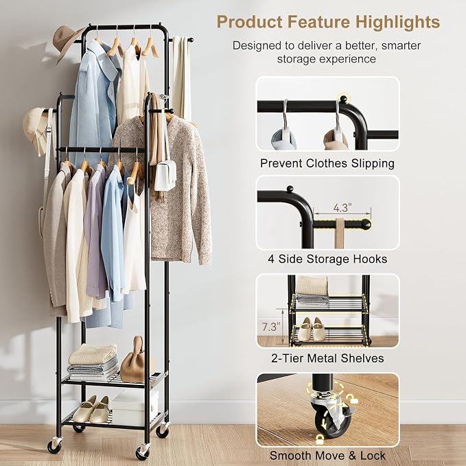 Small Clothing Rack with Wheels, Narrow Rolling Clothes Rack with 2 Shelves | Gasvadivum 71" Tall Sturdy Metal Garment Rack with 4 Hanging Rods & 4 Hooks, Portable Coat Rack for Bedroom, Bathroom, Black