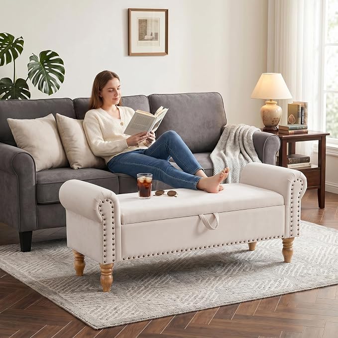 55" Bench for End of Bed Storage Benches, Queen End of Bed Bench Corduroy Upholstered Storage Ottoman Window Bench with Storage, for Bedroom, Entryway, Closet, Off-White
