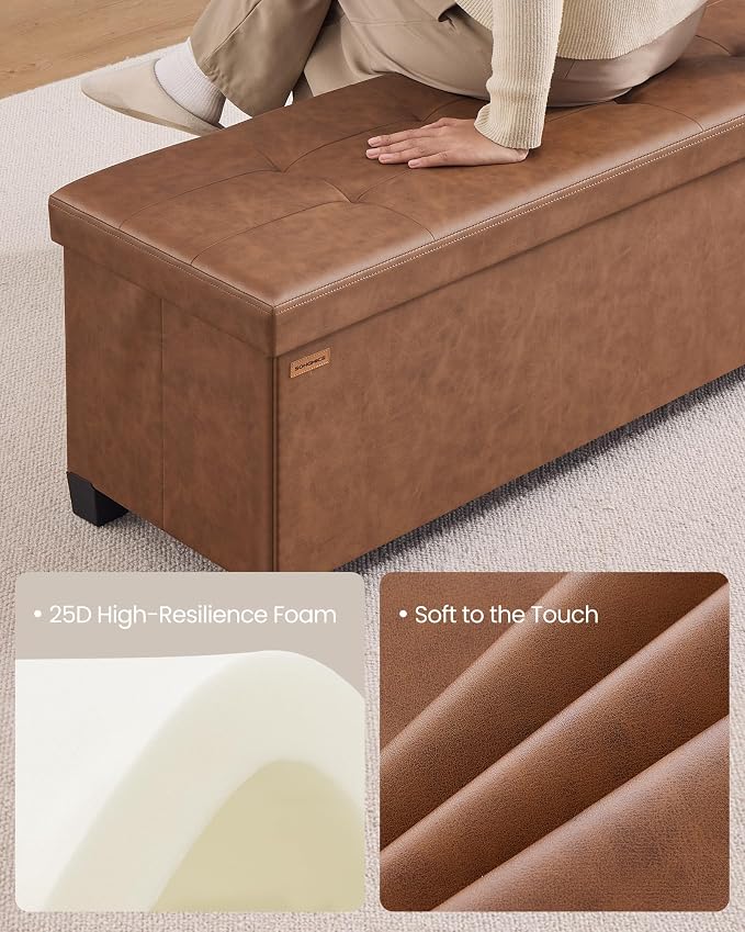 SONGMICS Storage Ottoman Bench with Legs, Folding Ottoman Foot Rest with Flipping Lid, Bench with Storage, for Living Room, Bedroom, Entryway, Synthetic Leather, 43.3 Inches, Coffee Brown ULSF085KQ01