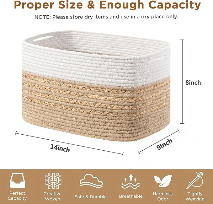 UBBCARE 2 Pack Baskets for Organizing, Woven Storage Baskets for Toys and Towel, Rectangle Cotton Rope Basket with Handles, 14''L x 8''W x9''H, Brown